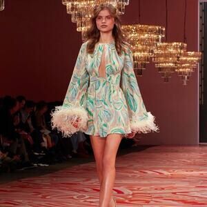 Alice McCall Swan Lake Feather Trim Mini Dress Citrus Print NWT US 4